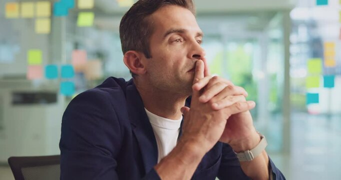 Inspiration, smile and thinking with business man at desk in office for planning on laptop. Future, idea and vision with happy person in workplace for brainstorming, development or imagination