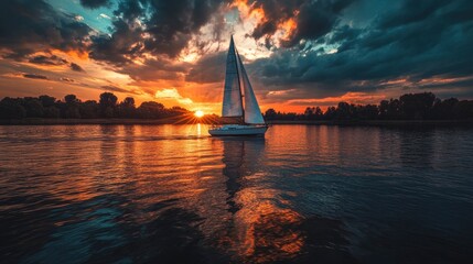 Serene sunset over a tranquil lake with a sailboat gliding through the shimmering water