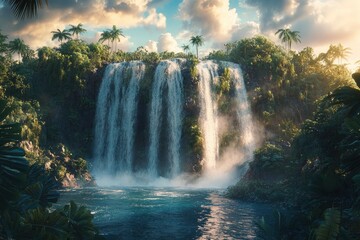 Majestic waterfalls cascading into a serene tropical lagoon surrounded by lush greenery and palm trees