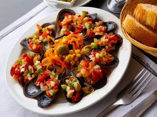 Spanish dish - vinaigrette with mussels. High quality photo