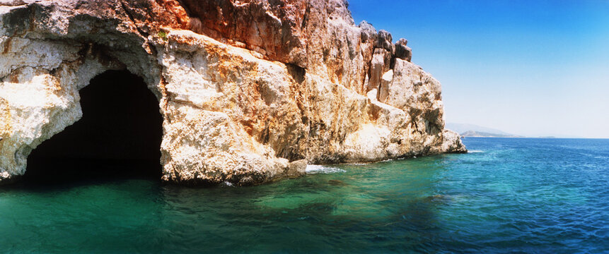 Panoramic view of entrance of the Pirates Cave on the Mediterranean Sea, Kekova, Antalya Province, Turkey.
