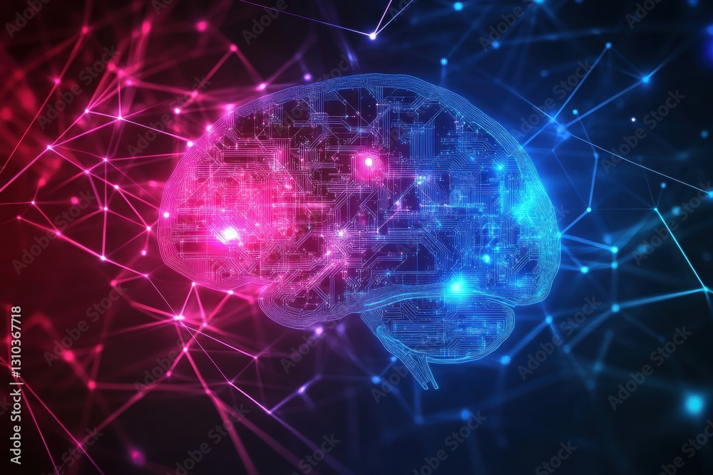 Poster a digital brain with neon circuit patterns glowing in blue and pink, set against an abstract backgro