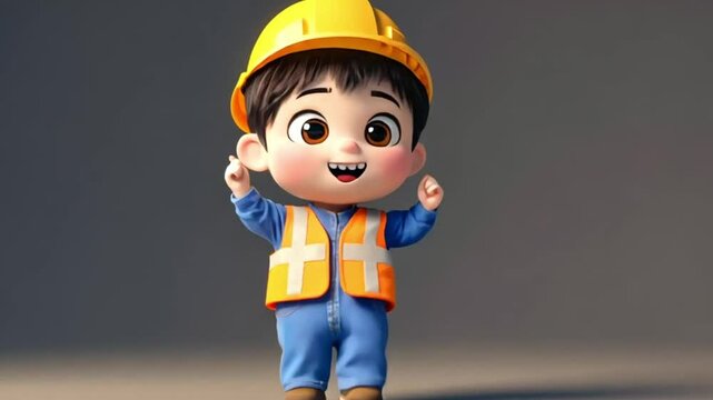 Cartoon worker child in safety gear, studio shot, happy expression. Possible use for kids' educational materials