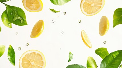 Fresh and vibrant image of lemon slices and leaves with water dr