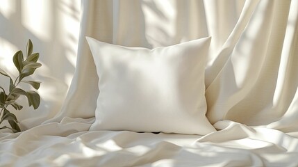 White Pillow Rests on Soft Cream Fabric Drapery