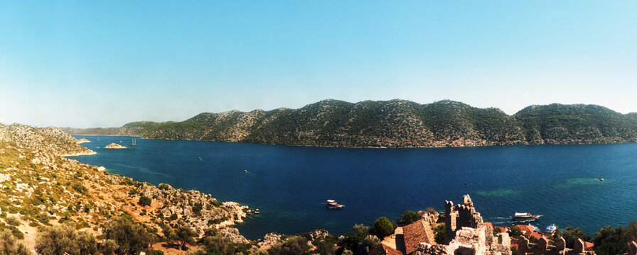 Panoramic view of Mediterranean Sea viewed from the Byzantine Castle, Kekova, Lycia, Antalya Province, Turkey.