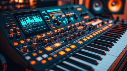 Music Studio Equipment with Synthesizer and Audio Mixers