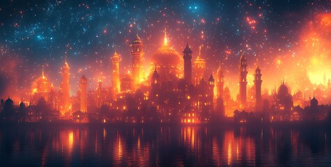 Glowing City Skyline at Night with Warm Reflections on Water

