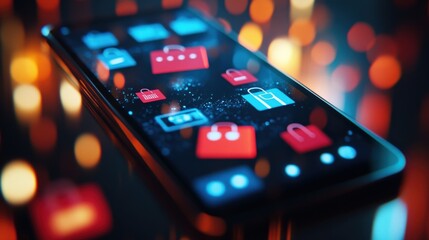 A closeup of a smartphone screen featuring a userfriendly mobile shopping interface where colorful product banners and easy navigation icons promote seasonal sales highlighting a seamless