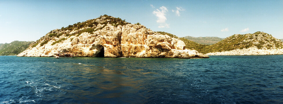 Panoramic view of pirates Cave in the Mediterranean sea, Sunken City, Kekova, Antalya Province, Turkey.