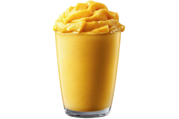Refreshing mango smoothie served in a clear glass with a thick creamy top on a sunny day