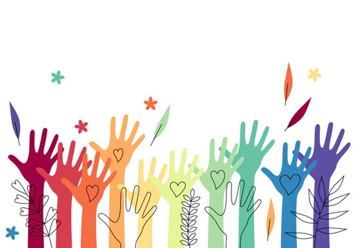 Volunteers, social workers, men and women hold hearts in their palms. Unity, cohesion of a multinational society