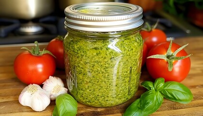 Homemade Pesto in a Glass Jar with Tomatoes and Basil