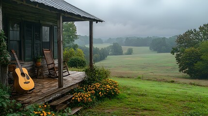 Misty Morning on a Rustic Porch with Guitar