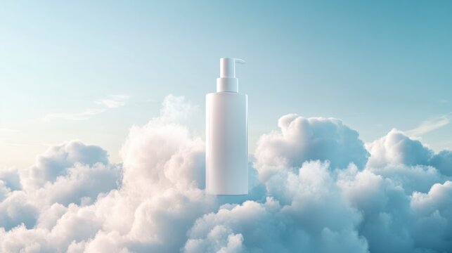 Mockup A white cosmetic bottle stands tall amidst fluffy clouds against