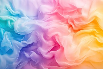 Obraz premium A vibrant, flowing fabric displays a blend of colors, transitioning from blue to pink to yellow, creating a soft and dreamy aesthetic.