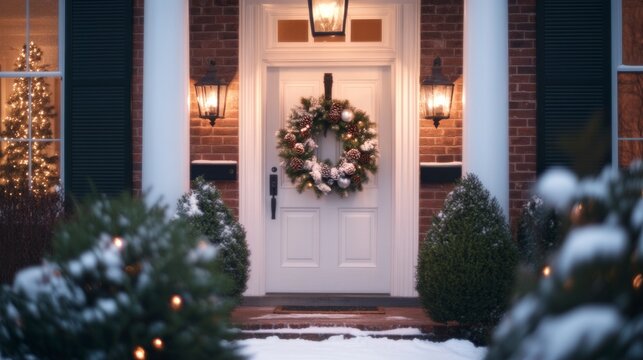 A festive front porch adorned with a Christmas wreath 