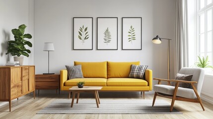 Modern Living Room Interior Design, Yellow Sofa, Wooden Furniture, and Minimalist Decor