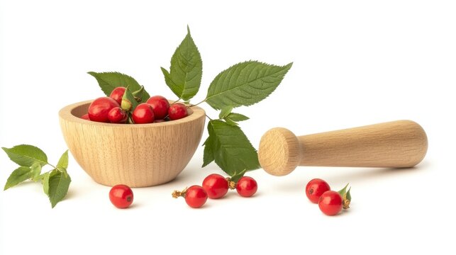 Wooden Bowl Filled with Red Berries and Leaves
