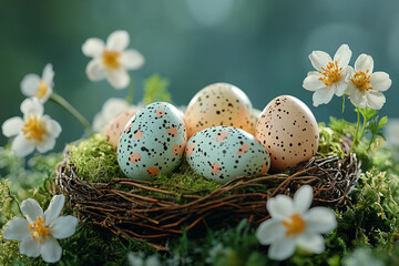 Fototapeta premium Vibrant Easter painted colorful eggs blooming spring perfect Paschal celebration background for banners, generative AI