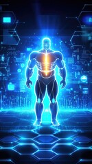 Muscular body in a glowing futuristic hi-tech lab for medical analysis or sports science