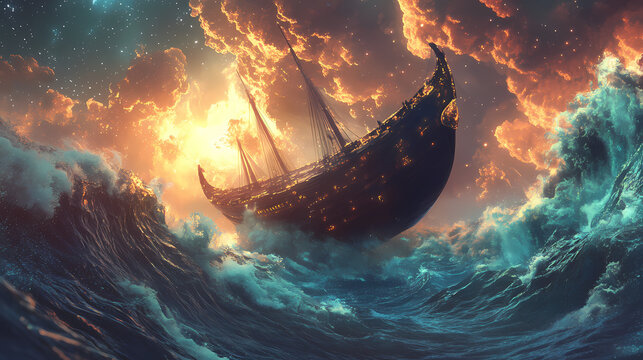 A futuristic ark sailing through cosmic waves, symbolizing ambitious corporate ventures into uncharted territories. Uncharted - Island. Illustration