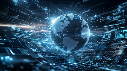 Digital globe and data flow on futuristic background. Digital information and flow of new digital data. Technological background with globe and glowing lines of information and digital elements.