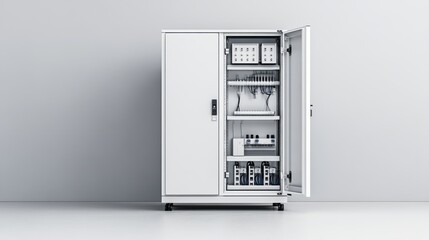 Modern Electrical Cabinet with Open Door Displaying Wiring and Electrical Components in Minimalistic Setting
