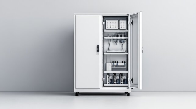 Modern Electrical Cabinet with Open Door Displaying Wiring and Electrical Components in Minimalistic Setting