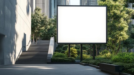 Mockup A large, blank billboard stands in an urban setting with stairs