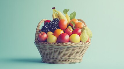 Colorful Fresh Fruit in Wicker Basket on Teal Background