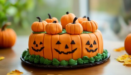 A Halloween-themed cake with jack-o'-lantern faces and pumpkins.