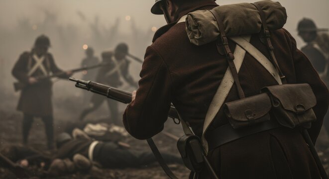 Historical reenactment of battlefield scene with soldier in foreground. War concept. Dramatic illustration for book cover, movie poster or history documentary