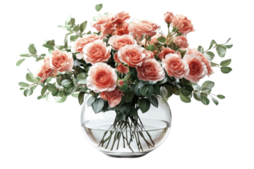 Beautiful arrangement of peach roses in a clear glass vase on a neutral background during daytime