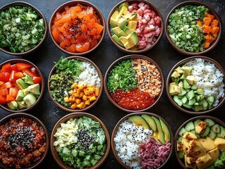 A vibrant assortment of sushi bowls featuring fresh ingredients and colorful toppings arranged neatly