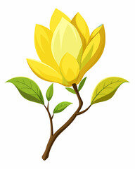 Vibrant yellow magnolia flower illustration with green leaves