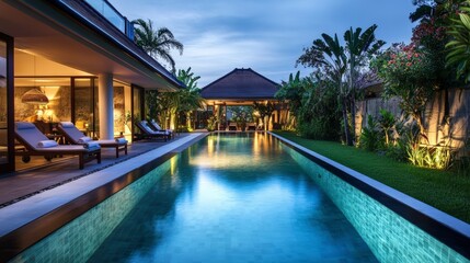 Luxury Tropical Home with Long Pool at Dusk Viewpoint Relaxation Area