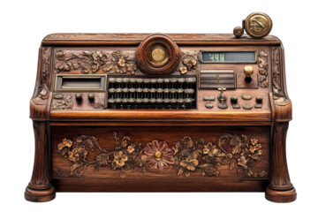 Unique antique cash register with intricate floral designs and decorative details showcased in a vintage setting