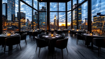 Elegant restaurant corner with panoramic city views, candlelit tables adorned with fine china and premium wine, sophisticated dining ambiance
