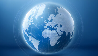 Naklejka premium Globe stylized wireframe design against blue gradient background world map continents visualization data. Generative AI.