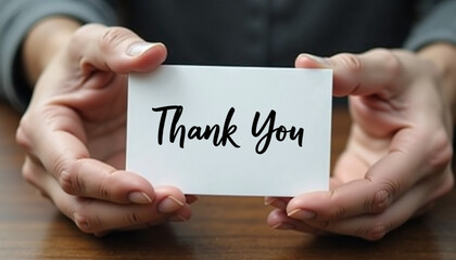 Person holding thank you card with smiling expression