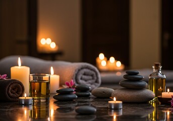 Luxury spa scene with aromatic candles, smooth stones, and herbal oils