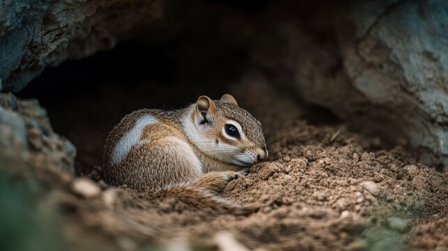A squirrel with a bushy tail and bushy eyebrows sits in a burrow