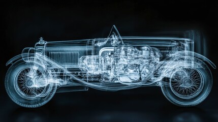 Translucent Blue Wireframe Classic Car Rendering on Black Background