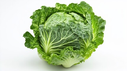 Vibrant Green Savoy Cabbage on White Background