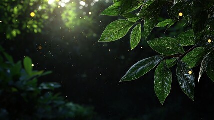 Lush green leaves with fireflies in a dark forest.