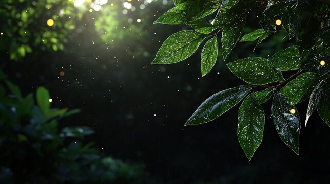 Lush green leaves with fireflies in a dark forest.
