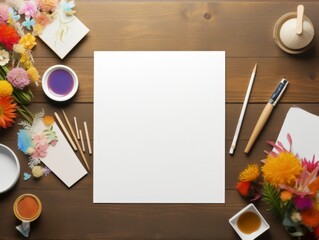 A flat lay image of a desk with a blank sheet of paper, a pen