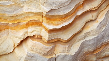 Close up of natural sandstone surface with wavy patterns and layered textures in warm beige and orange tones