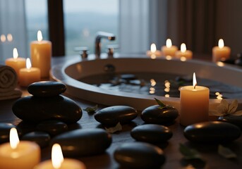 Luxury spa scene with aromatic candles, smooth stones, and herbal oils